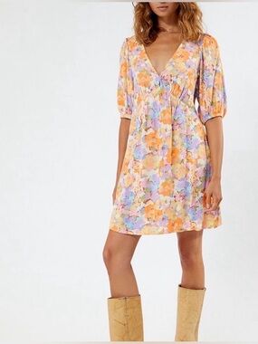 Billabong "Your Fav" Puff Sleeve Floral Mini Dress Size M Festival Resortwear